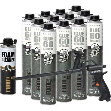 Lot de 12 mousses adhésives polyuréthane FOME FLEX Fast Fix 60 s 850 ml + pistolet POINT BLACK + nettoyant FOME FLEX Foam Cleaner 500 ml (1/5)