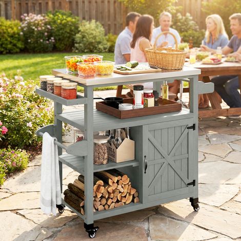 Desserte jardin chariot barbecue roulettes plateau acier inoxydable 107x49,5x92,5cm, gris