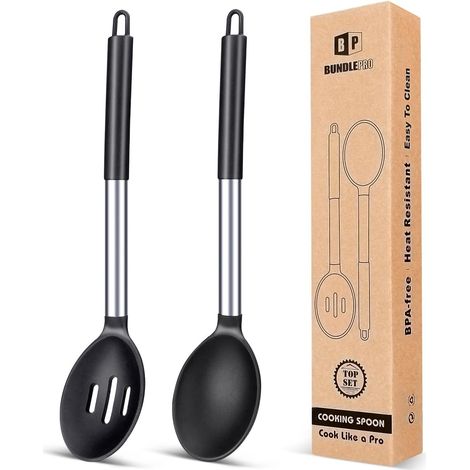 cuillères de cuisine en silicone cuillère solide antiadhésive ustensiles de cuisine résistants à la chaleur pour mélanger servir égoutter remuer Noire (1/5)