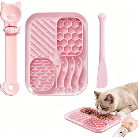 Ensemble de 3 pièces pour chat : gamelle anti-glouton, tapis de léchage en silicone, distributeur de friandises et cuillère pour nourriture humide (Rose) (1/5)