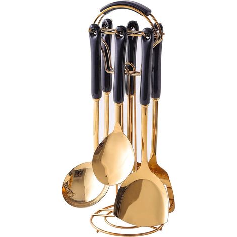 Juego de utensilios de cocina de 7 piezas, acero inoxidable 304, diseño negro y dorado, para cocinar y servir. (1/5)
