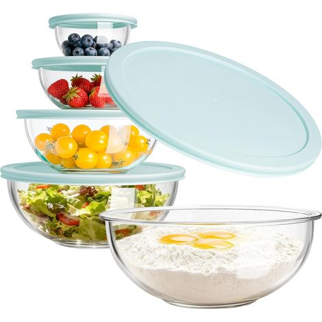 Ensemble de 5 Bols en Verre, Couvercles Inclus, Capacités 0.18 à 3.5 Litre, Empilables, Micro-ondes, Four, Réfrigérateur, Cuisine