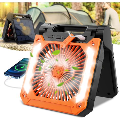 Ventilatore solare portatile 20000 mAh con LED e timer ventilatore da tavolo, Ricarica solare/USB ventilatore da campeggio silenzioso con luce SOS, ideale per tende, viaggi e pesca