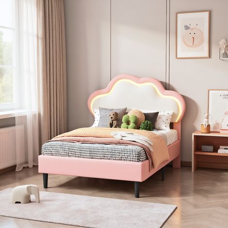 Kinderbett Polsterbett 90x200 cm mit LED-Beleuchtung, Modernen Einzelbett mit verstellbarem wolkenförmigem Kopfteil, Bettgestell mit Lattenrost, PU Rosa (Ohne Matratze)