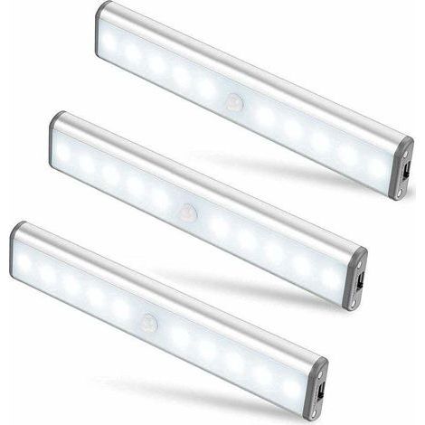 Lot de 3 Lampes 10 LED, Sans Fil, Rechargeable par USB, Aimanté, Détecteur de Mouvement, 2 Modes d’Éclairage, Portable. Lumière de Placard, Baladeuse de Secours, Veilleuse Enfant, Appoint … [Cla (1/5)