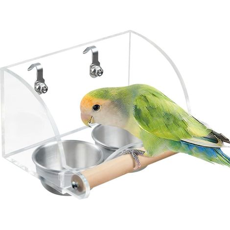 Water and Food Bowl for Birds, Feeding Cups Parrots in Transparent Stainless Steel with Wooden Stand Parakeets, Psittacus Erithacus, Lovebirds (1/5)