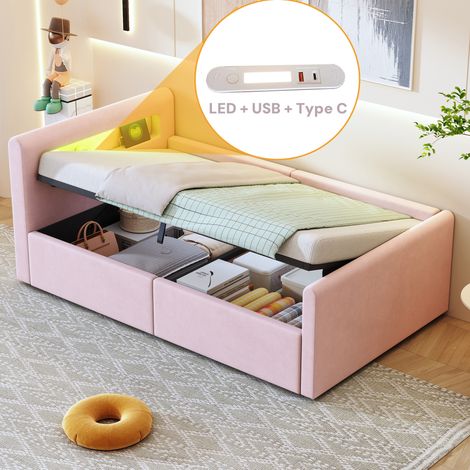 Letto singolo imbottito 90 x 200 cm in velluto, con LED, porta USB, mensola e vano contenitore con apertura idraulica, per bambini - Rosa (1/5)