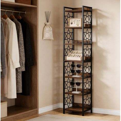Scaffale angolare 115x42x20.5 cm, a 7 ripiani, salvaspazio, con protezione laterale, MDF e metallo, nero e marrone rustico (1/5)