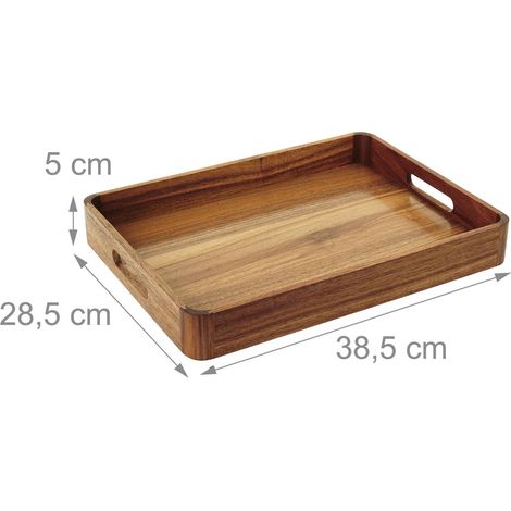 Bandeja de madera para servir 40 x 30 x 5 cm práctica con asas y borde alto de acacia natural 130017666 (1/3)