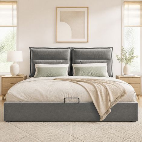DESMIU Lit Coffre Lit Double avec Tête de Lit Réglable et Grand Rangement 140 × 200 cm, sans matelas, Gris (1/5)