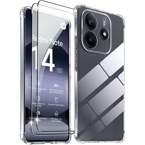 Coque pour Xiaomi Redmi Note 14 5G avec 2 Protection d'écran en Verre trempé,Transparent Étui de Silicone Antichoc, Clair Mince Souple TPU Bumper Housse - Transparent (1/5)