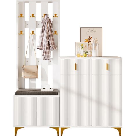 Ensemble de garde-robe avec banquette et coussins,façade de la garde-robe avec crochets,armoire à chaussures avec tiroirs et portes-Go
