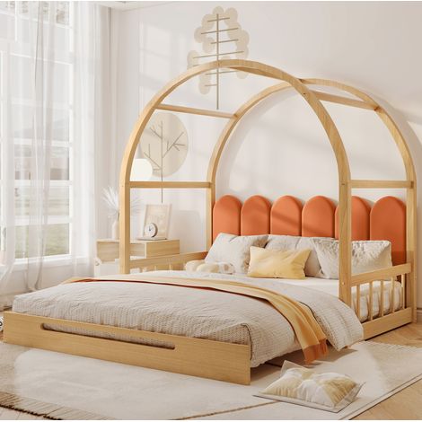 Lit enfant extensible bois massif et MDF naturel avec coussin orange 140x100/140x200 cm, sommier à lattes inclus (1/5)