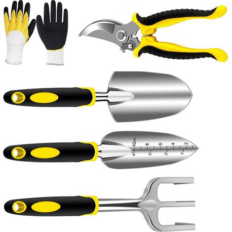 Ensemble d'outils de jardinage 5 pièces à motif floral, robuste et résistant, comprenant un sécateur, une truelle, un repiqueur, un râteau et des gants de jardinage. Un cadeau de jardin durable et élé (1/4)