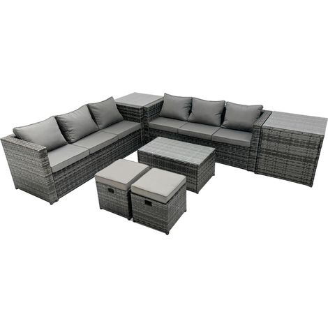 Fimous Rattan Garden Furniture Dining Set 8-seater Patio Coffee Table Sofa Set with Side Table 2 Small Footstools Dark Grey Mixed (1/5)