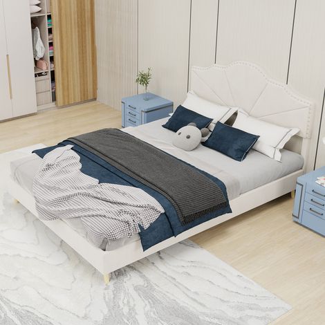 Cama matrimoniales 140x200cm cabecero geométrico con tachuelas tapizado en tela y metal color beige (Sin colchón) (1/5)
