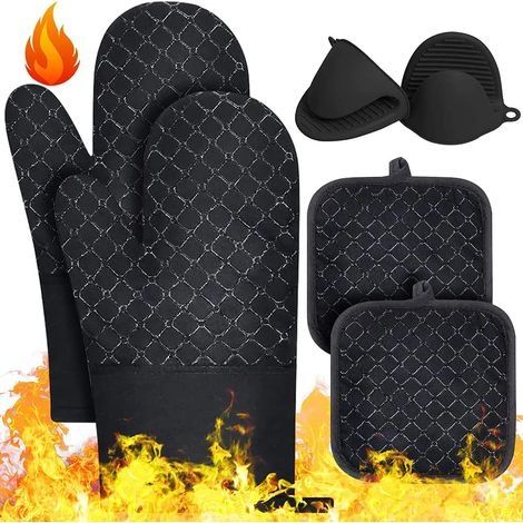 Gants de Four, 6 PCS Gants de Four et Maniques, Gants de Barbecue Anti-Chaleur Jusqu'à 500°C, Gants et Maniques Four de Antidérapants pour Gril, Adaptés pour la Cuisson, Le Grillage, Noir (1/5)