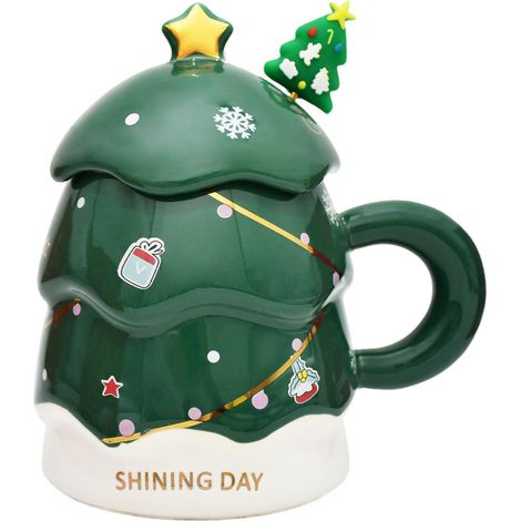 Mug sapin de Noël 414 ml avec couvercle et décoration sapin, jolie tasse à café festive en céramique, cadeau idéal pour les fêtes d'hiver, Noël, un anniversaire ou toute autre occasion (vert) (1/5)