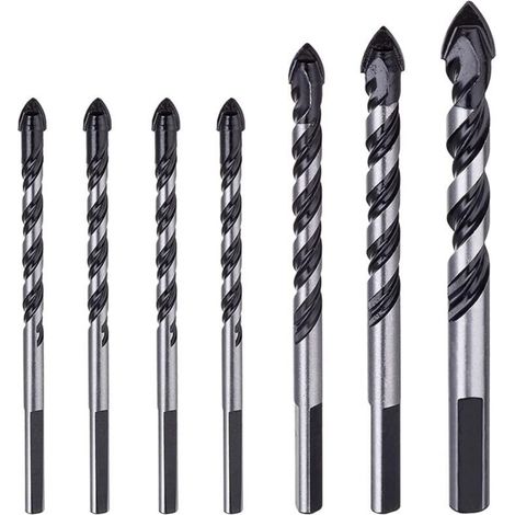 Lot de 7 forets de maçonnerie en carbure de tungstène pour porcelaine, carrelage, béton, mur de brique, verre, miroirs, plastique, maçonnerie et bois (6, 6, 6, 6, 8, 10, 12 mm)