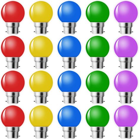 Lot de 20 Ampoule LED Couleur B22 Baïonnette,Ampoule Guirlande Exterieure,Ampoules B22 LED 1W G45,Multi Colore,Équivalent 5W,Rouge Jaune Bleu Vert Violet,Pour Chaîne,Noël,Veilleuses De Fête (1/5)