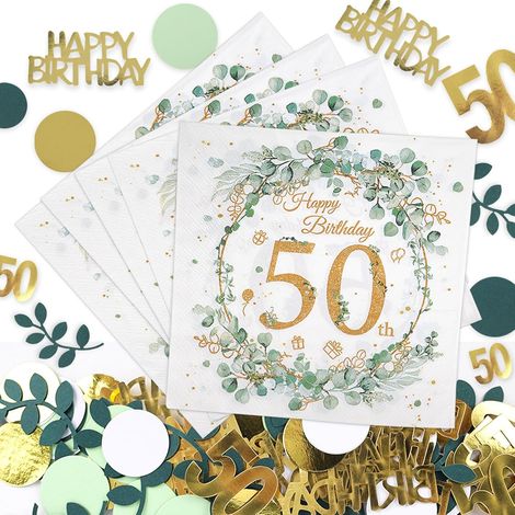 Set mit 40 Servietten zum 50. Geburtstag, mit Konfetti und Eukalyptus, Tischdekoration zum 50. Geburtstag, für Männer und Frauen, Geburtstagstischdekoration (1/5)