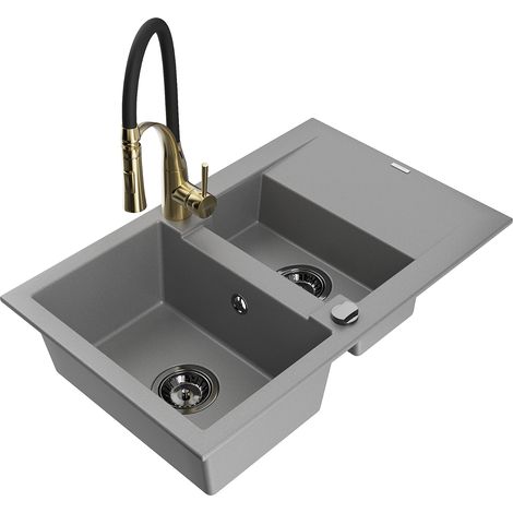 Mexen Gaspar Granitspüle 1,5-beckig mit Abtropffläche und Küchenarmatur Aster, grau - 6507-71-73450-57-B (1/5)