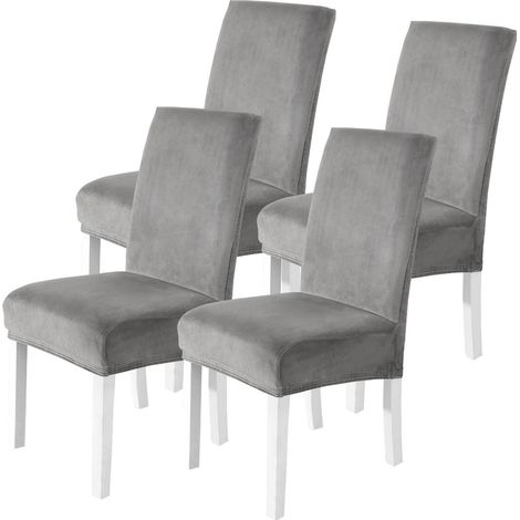 Stuhlhussen Samt 4er Set, Stretch Stuhlbezug Hellgrau, Waschbar (1/5)