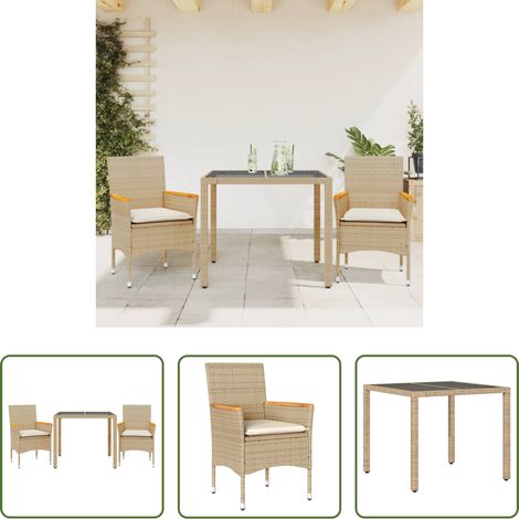 Gartenessgruppe - 3-tlg. Garten-Essgruppe mit Kissen Beige Poly Rattan und Glas (1/5)