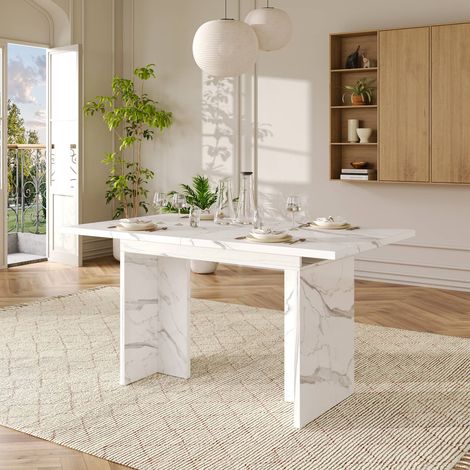 Table à manger extensible 140-180x80 cm blanc, plateau épais effet marbre, style minimaliste, 6-8 personnes (1/5)
