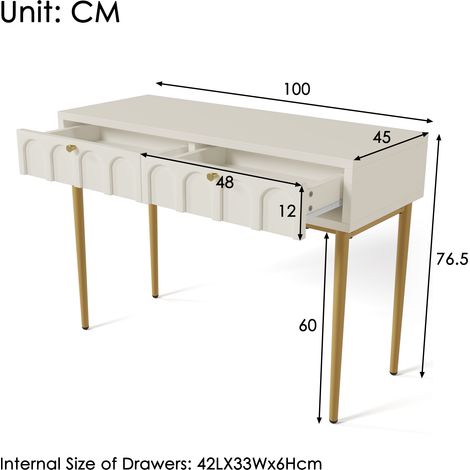 Coiffeuse 2 tiroirs hauteur 76,5cm commode chambre buffet blanc H76,5/D100/D45 cm.