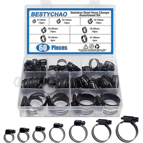 Assortiment de 60 colliers de serrage à vis sans fin en acier inoxydable, réglables de 6 à 38 mm (noir) - yvan (1/5)
