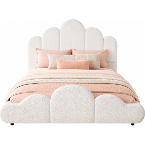 Lit enfant 140 x 200 cm en bouclé beige, tête de lit capitonnée, bords arrondis et structure stable, avec sommier inclus pour chambre douce, CHICFURN (1/5)