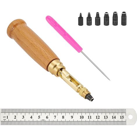 Ensemble de Poinçons Vis Japonais Réglables Manche Bois Perforateur en Cuir en Laiton Avec 5 Pointe et Manche Plastique Poinçons Perles Fer et Règle Acier Inoxydable Outil de Perforation (1/5)