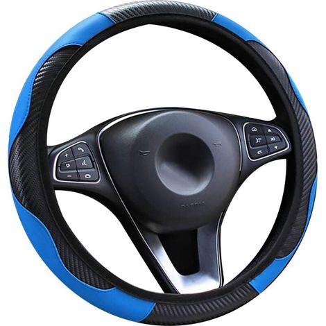 Housse de volant de voiture en cuir, bande élastique de sport en fibre de carbone respirante antidérapante sans bague intérieure Housse de volant Ajustement universel 37-39 cm/14,5-15 pouces (Bleu) (1/5)