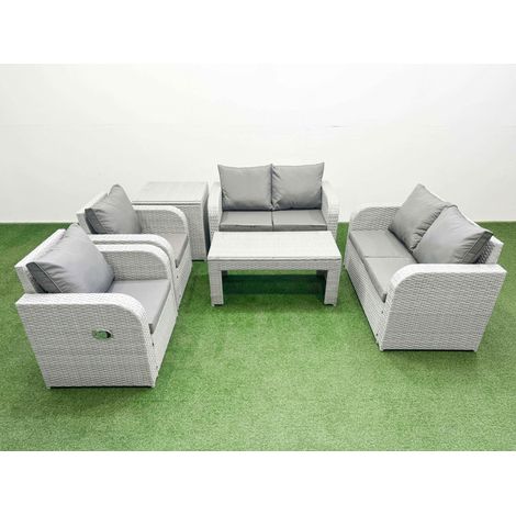 Fimous 6 Seater Outdoor Reclining Chair Love Sofa Set Rattan Garden Furniture Set with Oblong Coffee Table Side Table Light Grey (1/4)