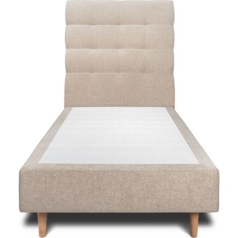 Lit 90x190cm avec tête de lit capitonnée tissu et sommier tapissier beige brun - Hauteur totale : 35cm (1/4)