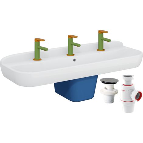 Lavabo pour enfant VitrA Sento Kids 125 cm + cache siphon bleu + 3 mitigeurs lavabo VitrA Sento Kids + siphon et bonde WIRQUIN (1/5)