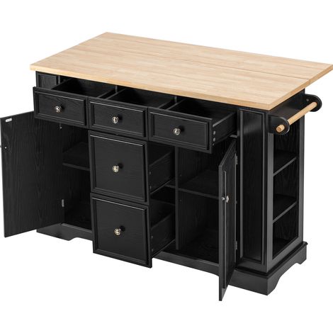 Isla de cocina extensible negra con cajones y enchufes USB MDF (1/5)