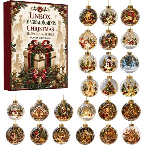 Eine Überraschungsgeschenkbox mit 24-tägigem Countdown, die Vintage-Weihnachtsdekorationen aus Acryl (Weihnachtskugeln), Vintage-Dekorationskugeln (Szenen) und Christbaumschmuck enthält. (1/5)