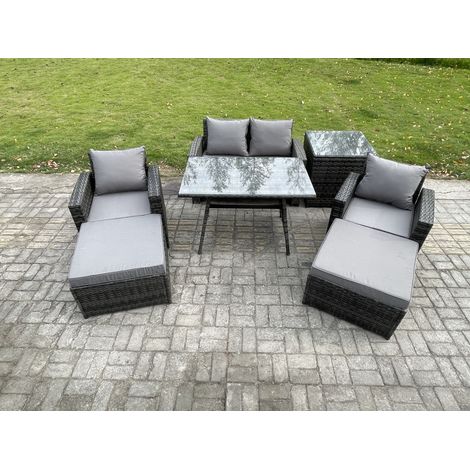 Fimous Rattan Wicker Garden Furniture Patio Conservatory Sofa Set with Rectangular Dining Table Armchair 2 Seater Sofa 2 Big Footstool Side Table (1/5)