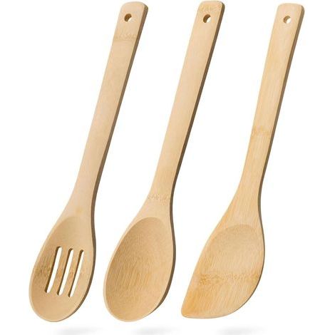 Cuillères en bois, ensemble de 3 pièces comprenant une écumoire, une cuillère en bois et une spatule en bois, ustensiles de cuisine en bambou pour poêles antiadhésives, ustensiles en bambou naturel (1/5)