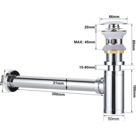 Bonde + Siphon de Lavabo Push et Pop Up avec Trop-Plein Set de Siphon Mural en Laiton Chromé Ensemble de Vidange Universel Accessoire de Salle de Bain - Chrome (1/3)