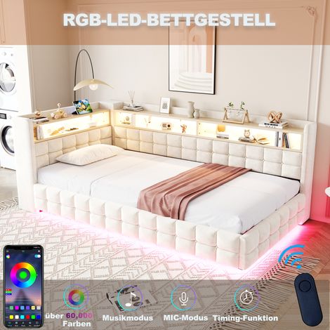 Lit coffre multifonctionnel canapé convertible 90x200 cm, sommier à lattes intégré, rangement hydraulique, étagère en bois, bandeau LED, prises USB et Type-C, velours beige. (1/5)