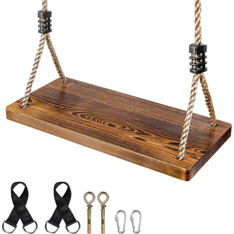 Balançoire en Bois Naturel Renforcé  Siège Extra-Large 43x20x2,5cm  Corde Réglable pour Adultes/Enfants  Usage Intérieur/Extérieur (Jardin, Terrasse)  Portée Maximale 200kg (1/5)