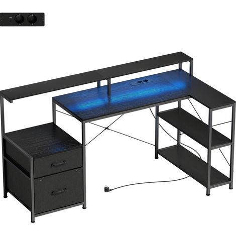 L-Gaming-Schreibtisch mit LED, Steckdosen & 2 Monitorhaltern, 165 x 80 x 91,5 cm, schwarz (1/3)