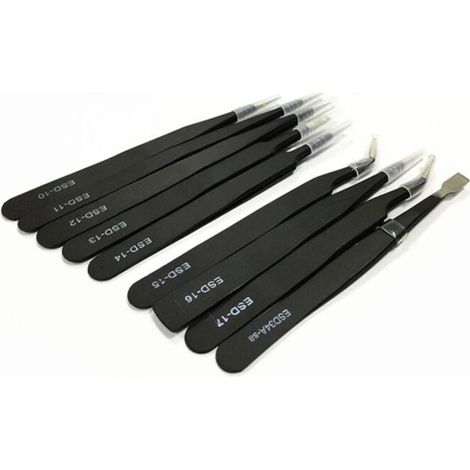 Pince antistatique noire, à embouts droits, ronds, coudés, plats et pointus, ensemble de 9 pinces ESD YD-9. (Ensemble de 9 pinces antistatiques ESD noires, à embouts droits, ronds, coudés, plats et po (1/3)