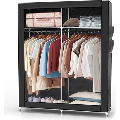 Armoire pliante Intirilife 108 x 170 x 45 cm, coloris Noir Corbeau - avec fermeture éclair, armoire en tissu avec tringle, compartiments et poche latérale - armoire de camping, armoire textile (1/5)
