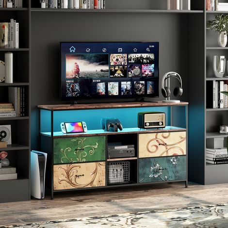 Industrielle Meuble TV 137x30x78 cm, Meuble TV Bois et Metal avec Armoires, Tiroirs et Étagères, Meuble TV avec Led et 4 Tiroirs, Meuble TV avec Étagère Ouverte, pour Salon, Chambre et Bureau,Couleur (1/5)