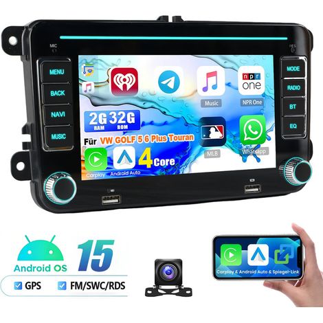 Autoradio GPS RDS Android 15 compatible CarPlay pour VW Golf 5, 6 Plus, Touran et Caddy 2+32G CAM (1/5)