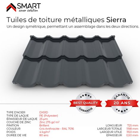 Bravo The Smart Solution – Tuile de toiture métallique – Coloris gris anthracite 7016 – Dimensions 725x1198x0.50mm – Profil symétrique pour assemblage facile